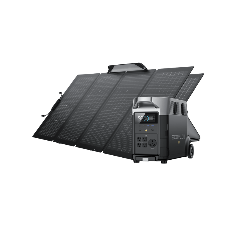 A portable power station with a solar panel setup. The power station is black, panels are angled.