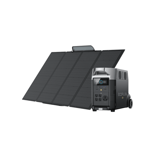 Solar panel set up next to a portable power station.