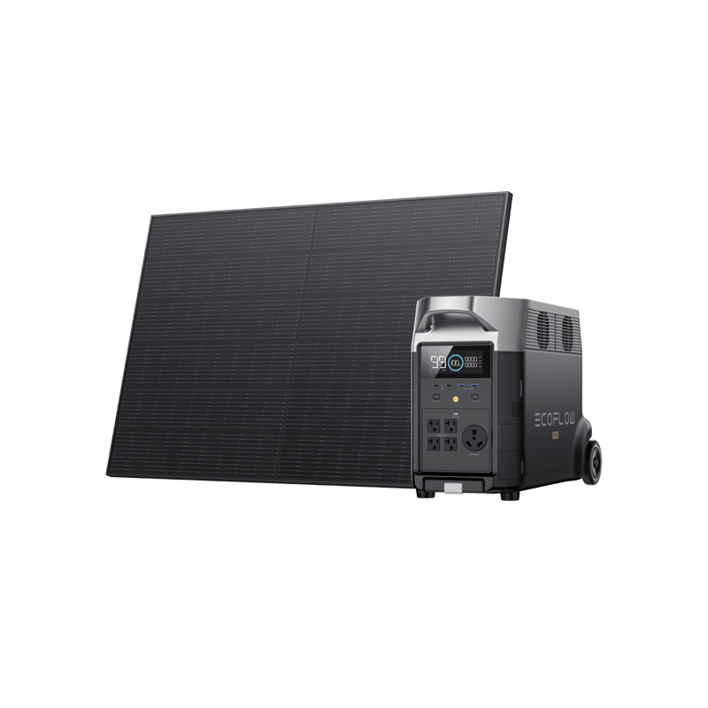 A solar panel leaning against a black power station with a digital display and wheels.