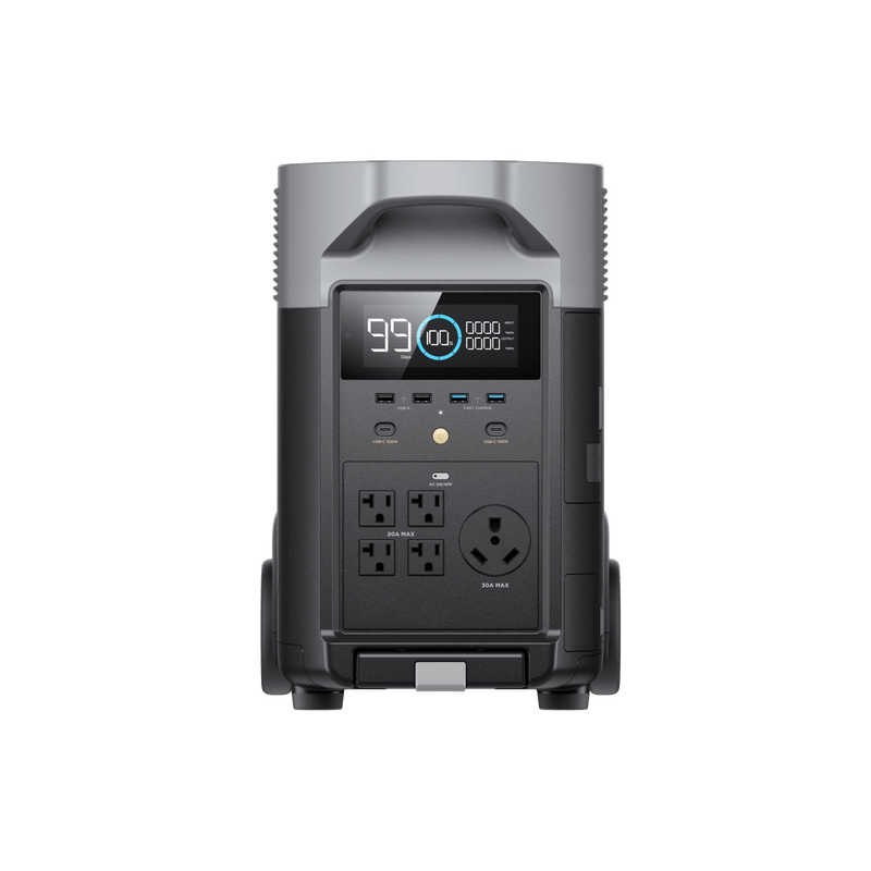 Portable power station with a digital display, black and gray color scheme.