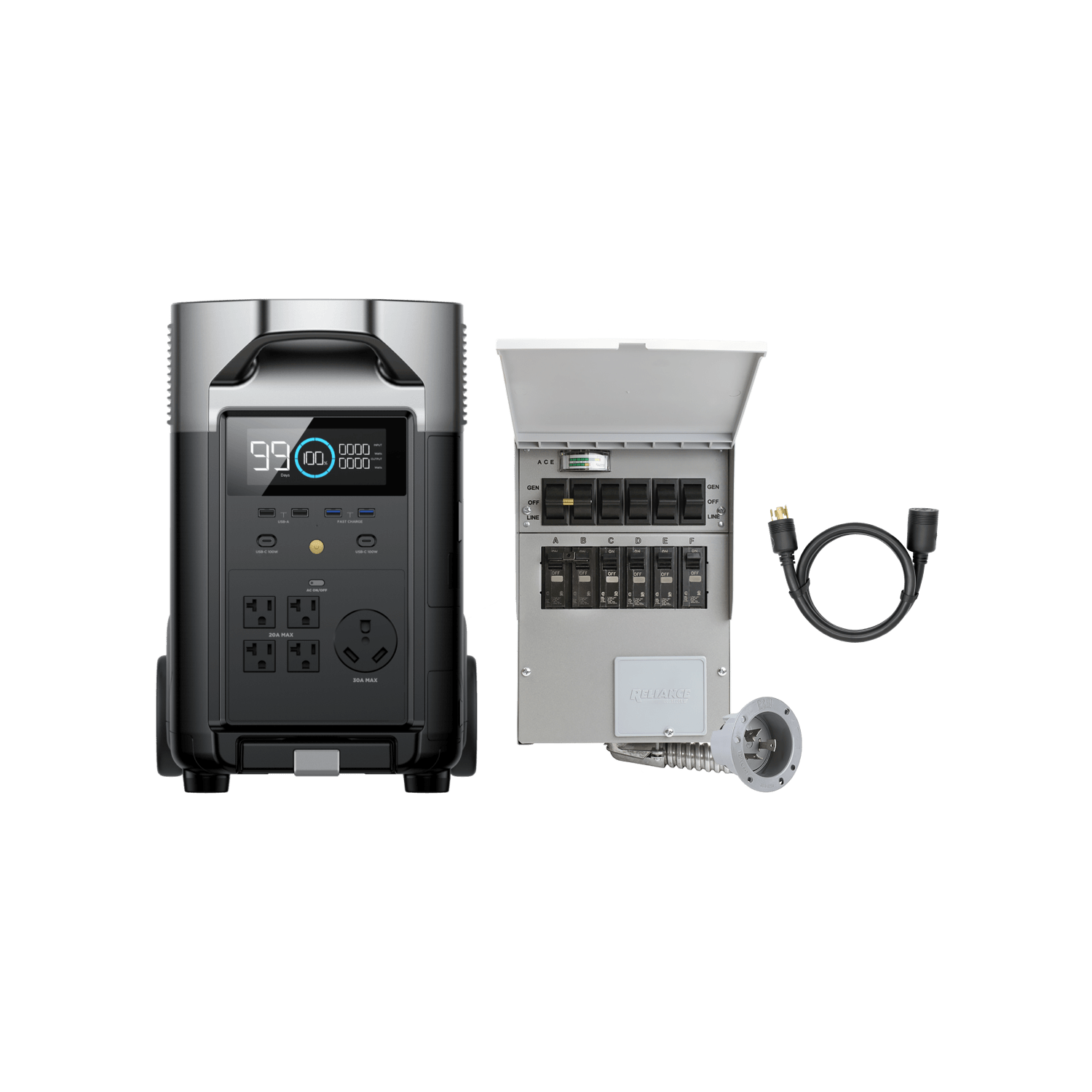 Black portable power station, transfer switch, and cable for connecting to a home's electrical system.