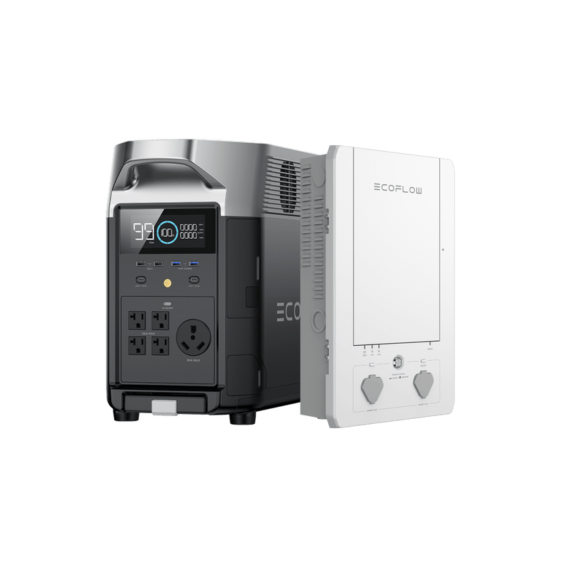 Two black portable power stations and a white transfer switch.