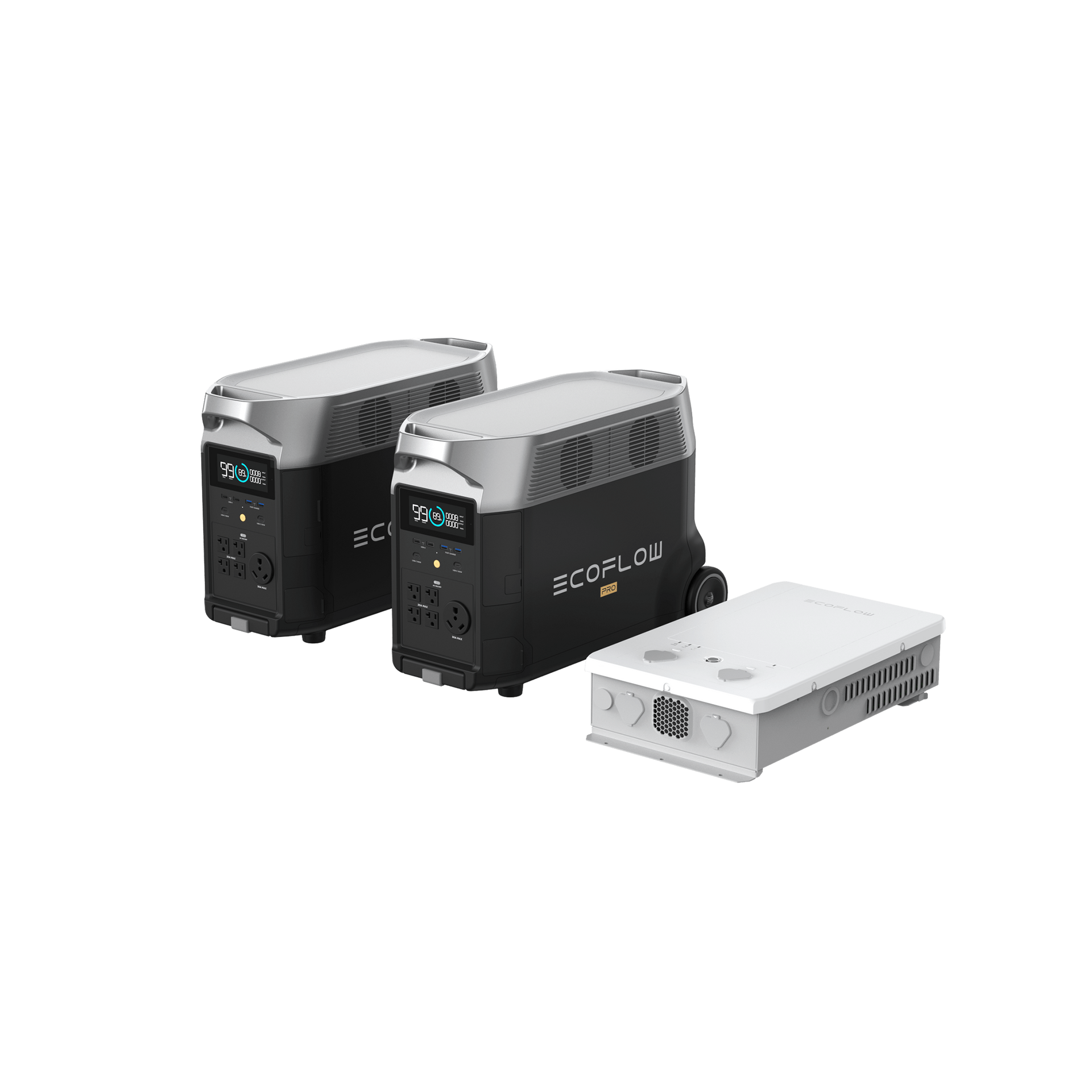 Two black portable power stations and a white transfer switch.