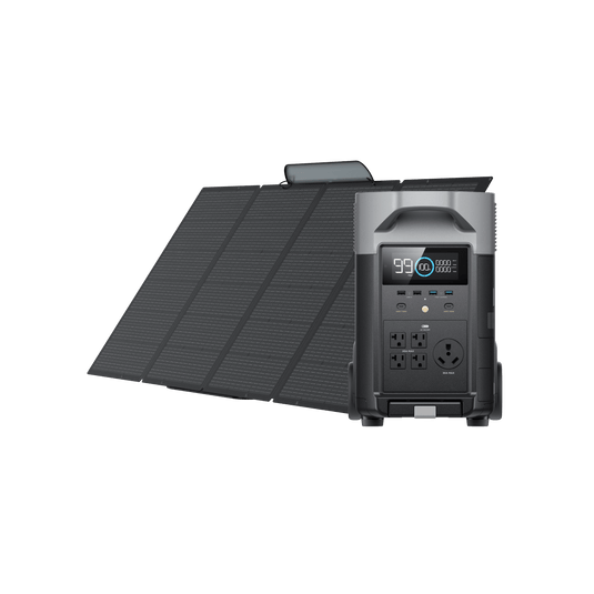 Solar panel set up next to a portable power station.