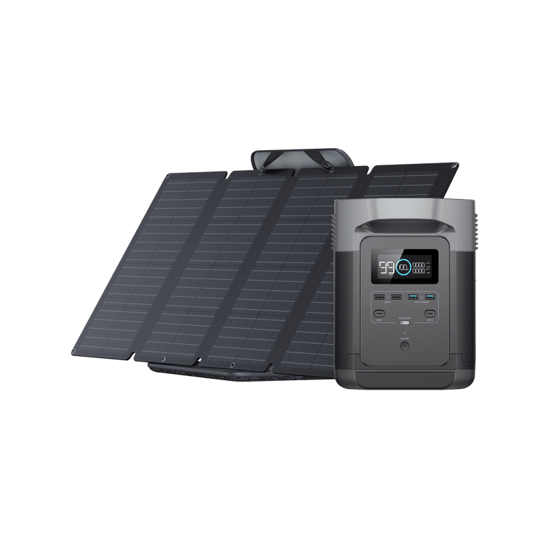 Solar panels and a portable power station. The panels are black, folded, and connected to a dark gray power station.