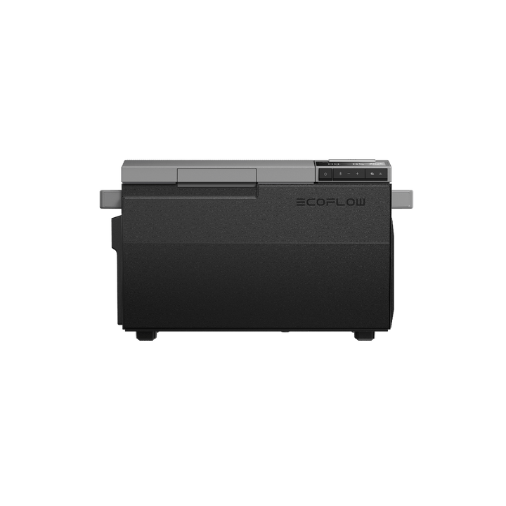 Black EcoFlow portable refrigerator with a gray lid.