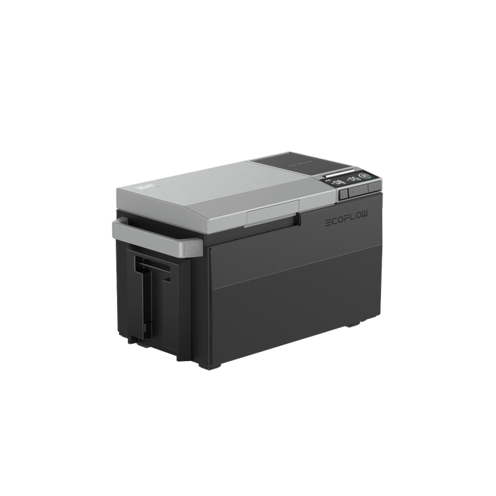 Black EcoFlow portable refrigerator with a gray lid.