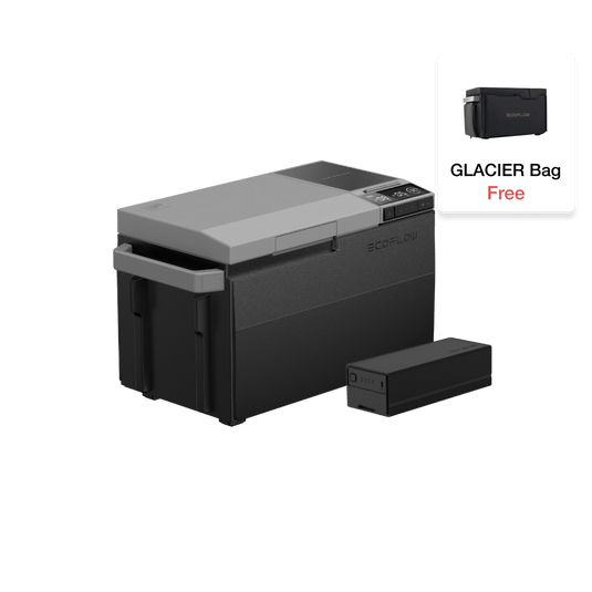 Black and gray portable fridge with a side handle, and a free black glacier bag.