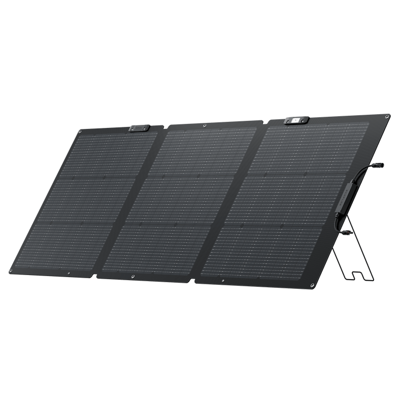 Foldable black solar panel, standing upright with an adjustable kickstand for outdoor power.