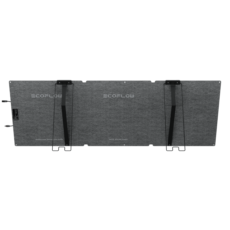 Foldable black solar panel, standing upright with an adjustable kickstand for outdoor power.