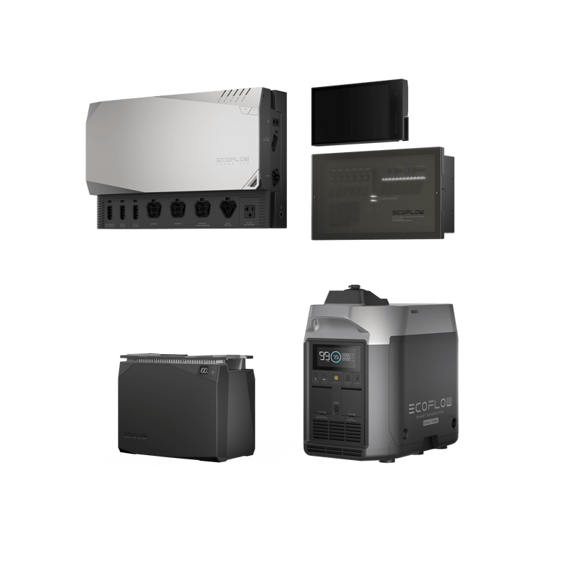 Assortment of EcoFlow power stations and batteries, in various shapes and sizes, against a white background.