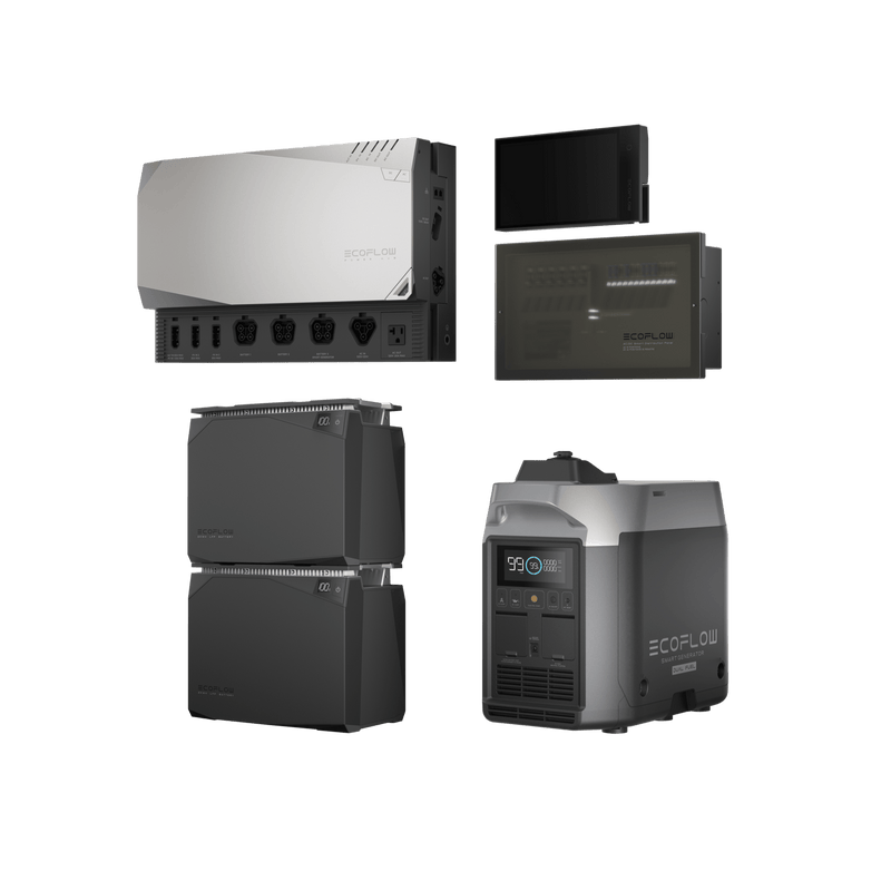 A collection of EcoFlow power stations and accessories, including battery, inverter, and portable power generator.
