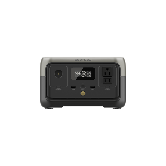 Portable power station with digital display, dark gray and black.