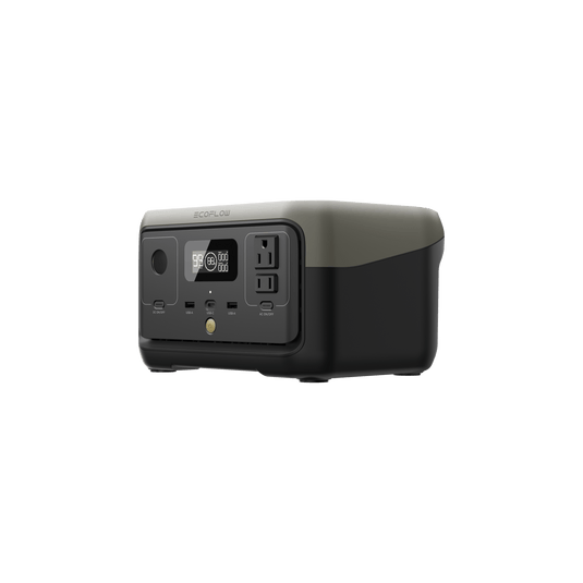 Portable power station with digital display and various output ports.