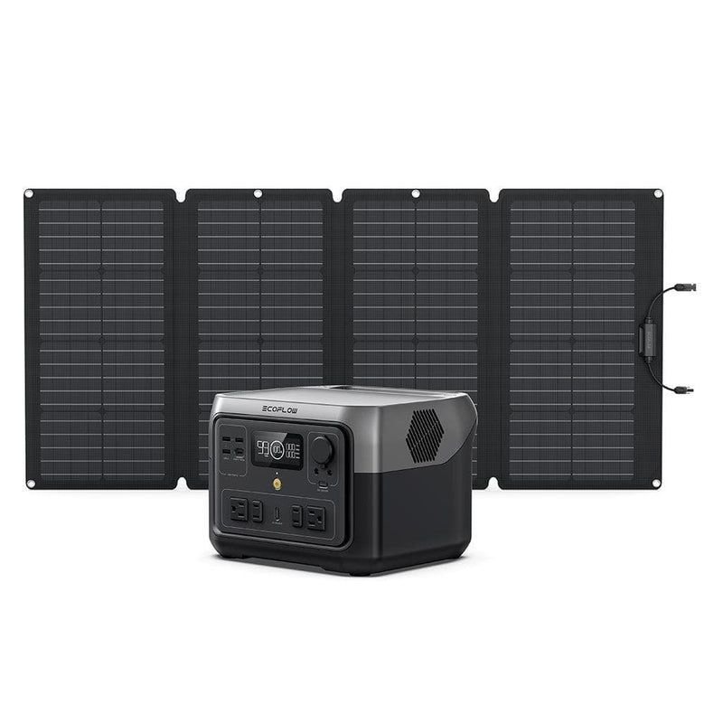 Solar panel kit: foldable panels and a power station on a white background.