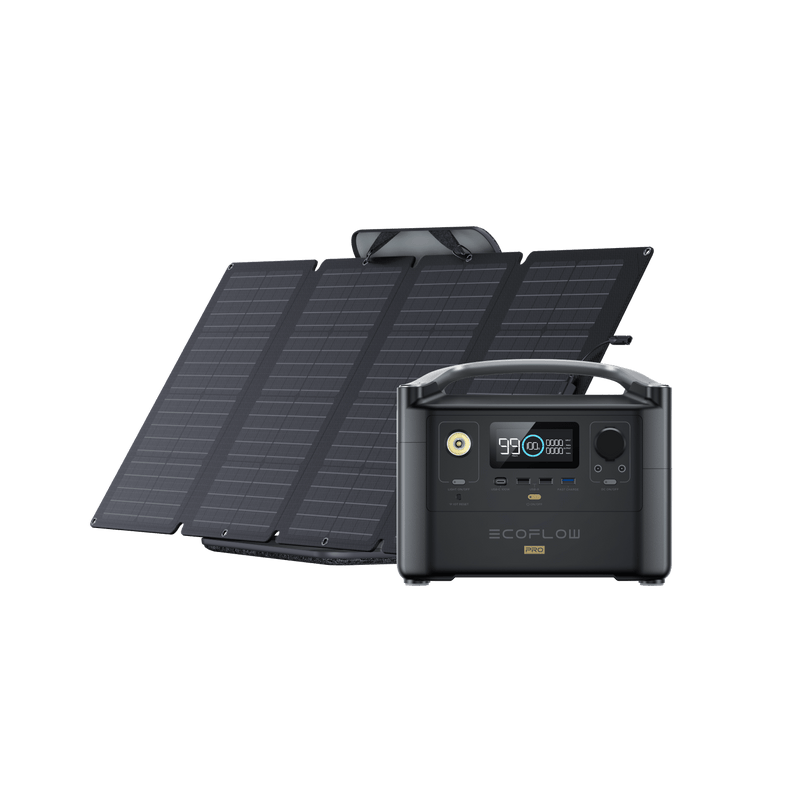 Black solar panels and a portable power station against a white background.