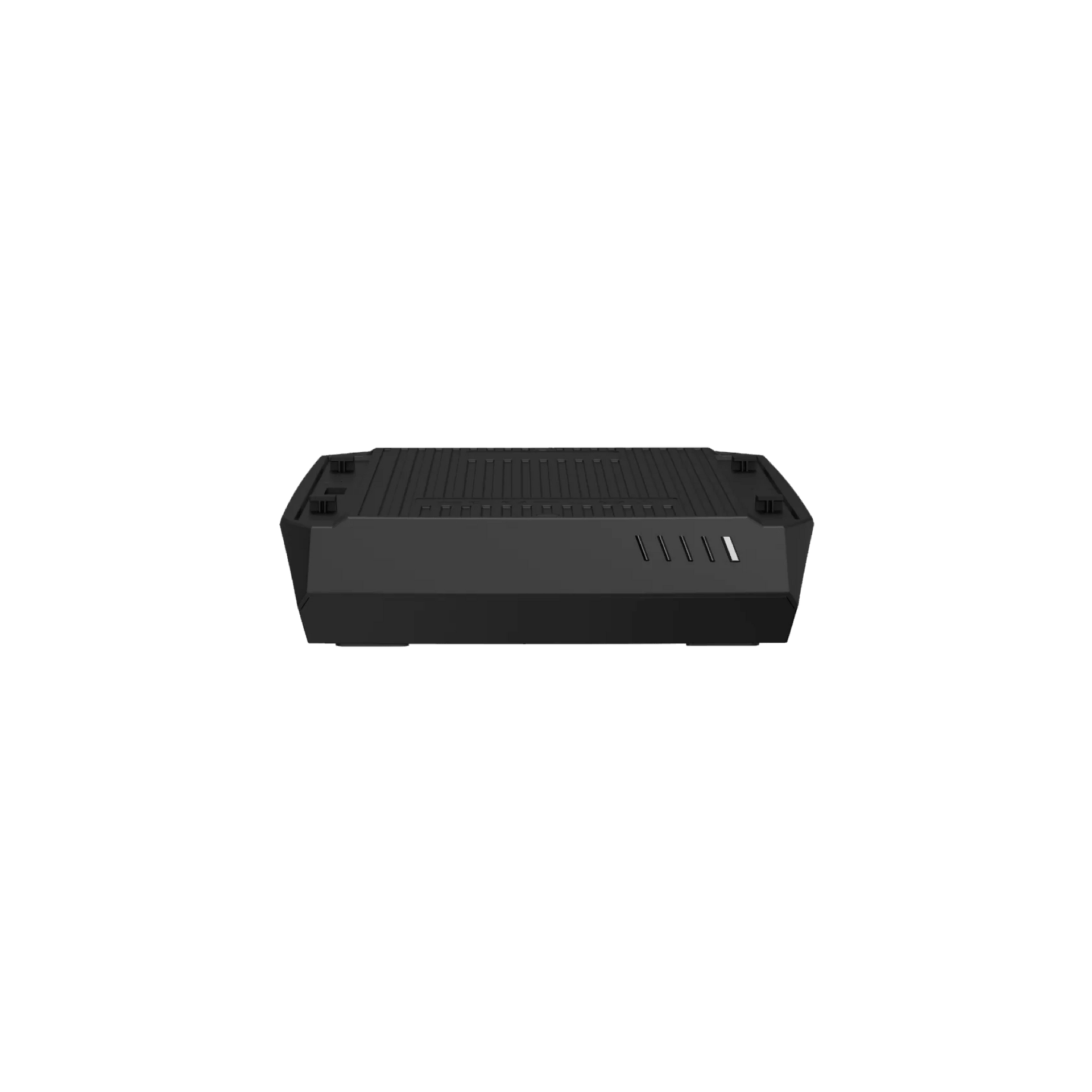 Black router device with ventilation holes and indicator lights.