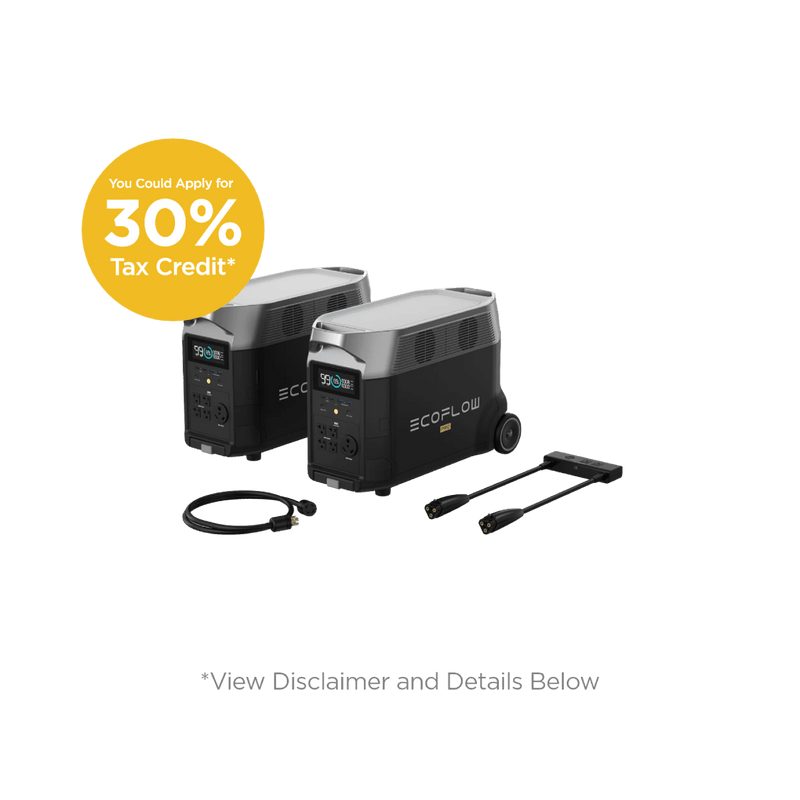 Two black EcoFlow portable power stations, cables, and a 30% tax credit badge.