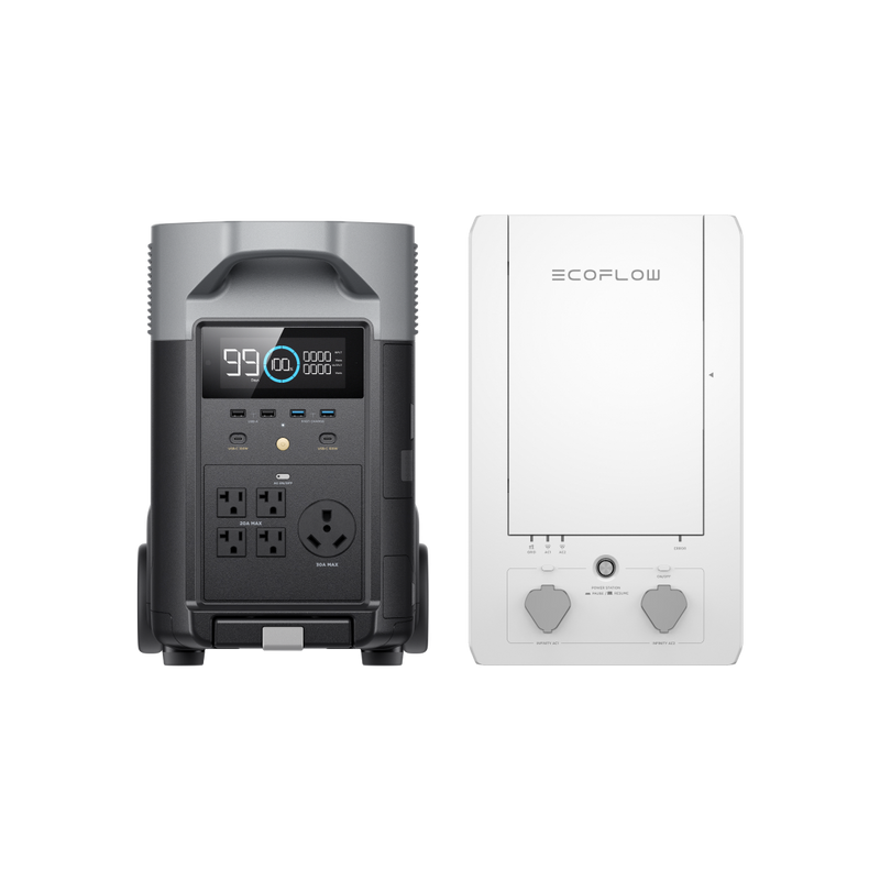 Two black EcoFlow portable power stations, cables, and a 30% tax credit badge.