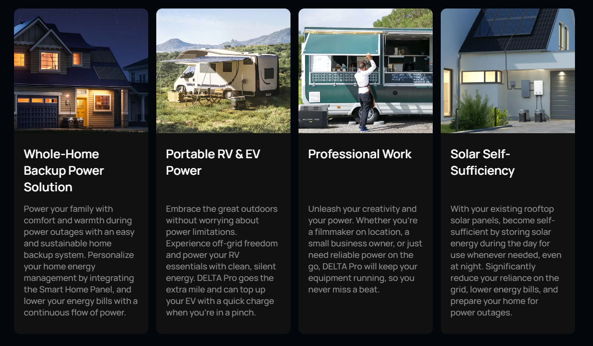 Four panels showing different applications of a power solution: a house, RV, food truck, and modern home.