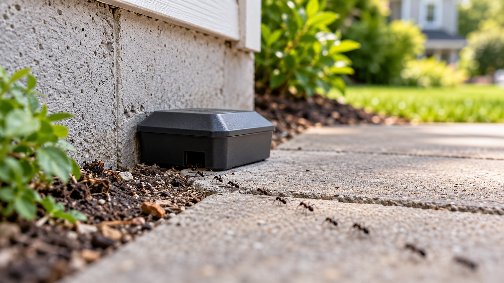Black bait station beside a house foundation along a concrete walkway near shrubs.