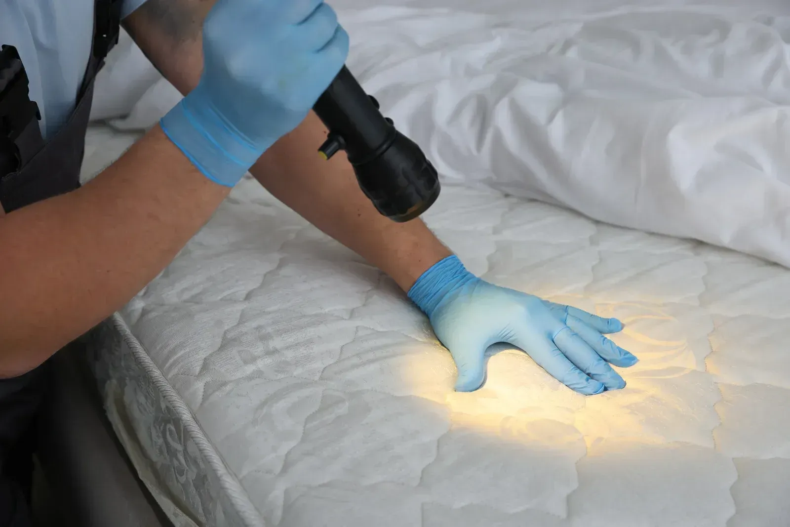 Gloved hand using a flashlight to inspect white bedding on a bed