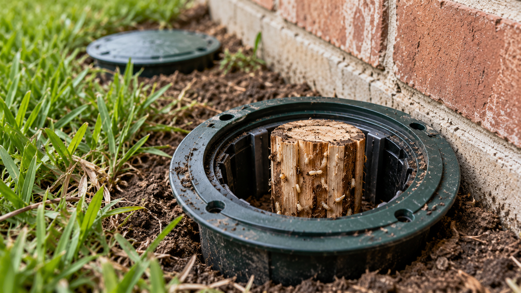 Broken outdoor wall light fixture with exposed stump-like base beside a brick wall and grass