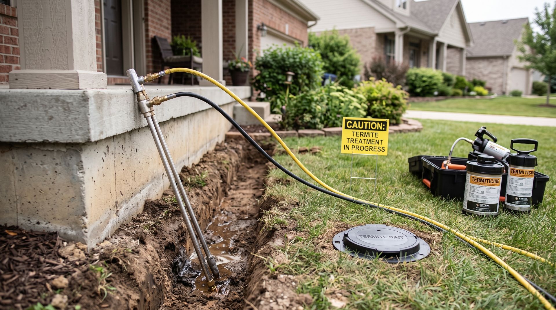Utility equipment and hoses beside a house foundation during soil repair work