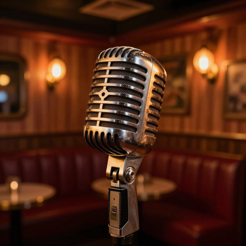 Vintage silver microphone in a cozy, dimly lit bar or jazz lounge