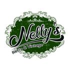 Nelly's Retro & Vintage logo in white script on a dark green ornate badge with floral accents