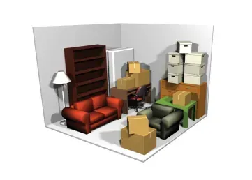 Cutaway diagram of a 10x10 storage unit in Payson, Utah filled with a sofa, bookshelf, armchairs, dresser, side table and moving boxes