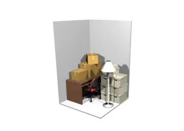 Cutaway diagram of a 5x5 storage unit in Payson, Utah holding moving boxes, a desk, an office chair, a lamp and stacked storage totes