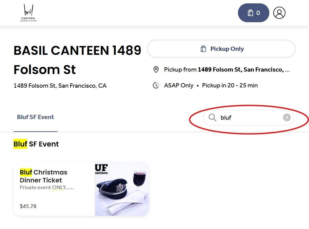 Image show a result of Bluf dinner ticket founded and ready to order.