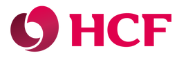 A red and white logo for hcf on a white background