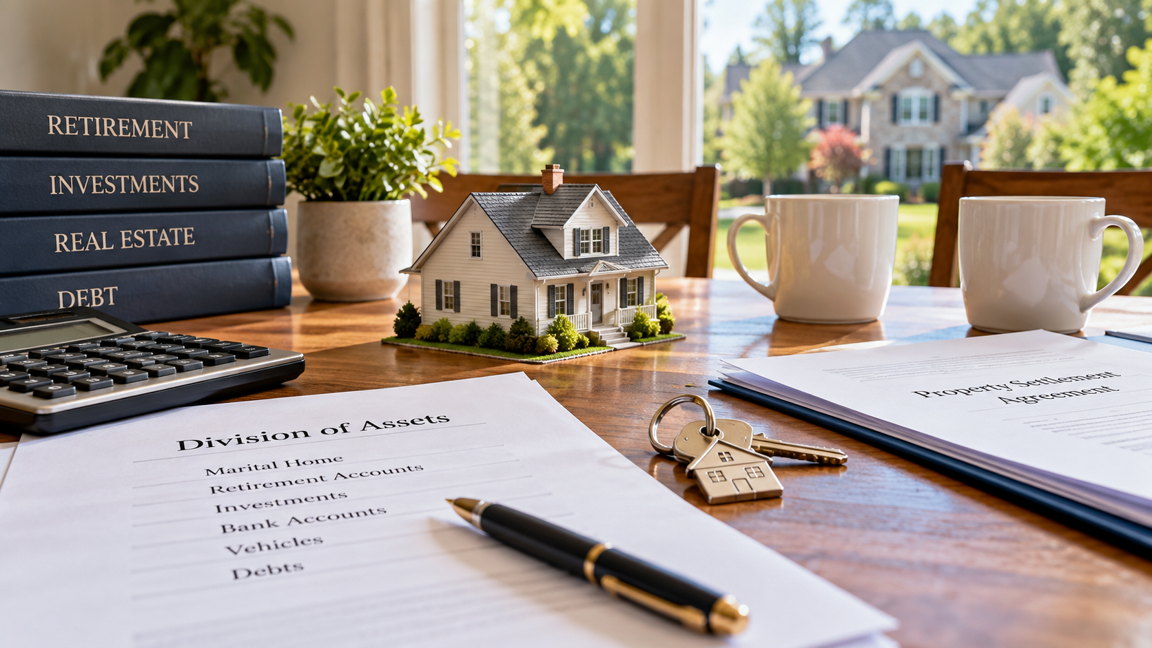 a small house sitting on a table with documents, a calculator, keys, and coffee mugs