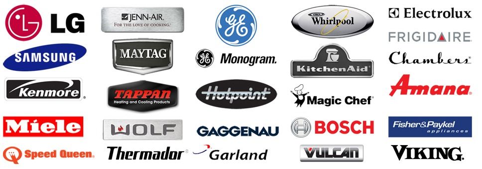 Collage of appliance brand logos including LG, Samsung, GE, Whirlpool, Electrolux, Frigidaire, Bosch, and Viking