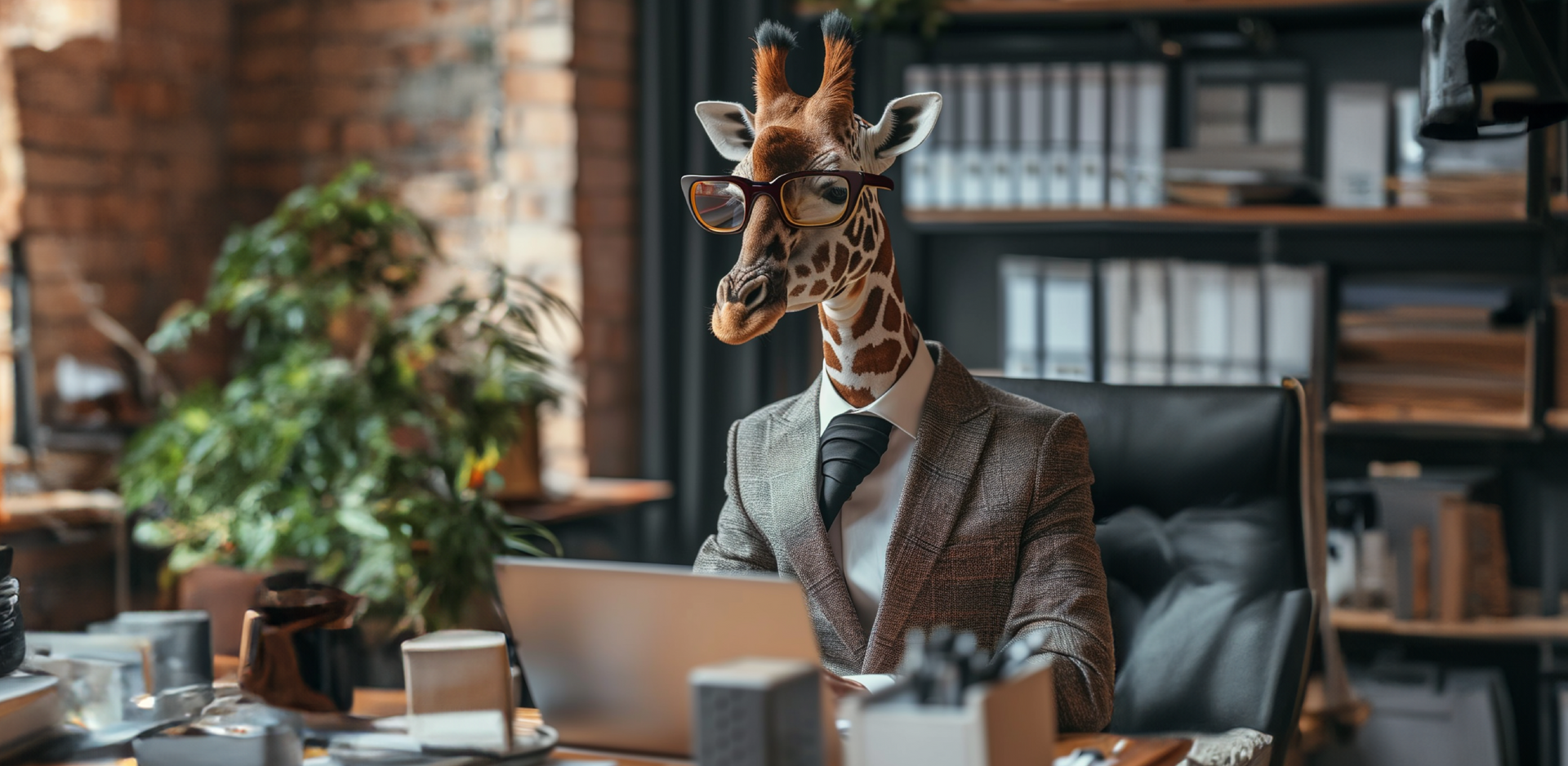 A personified male tiger wearing a blue shirt, holding a laptop