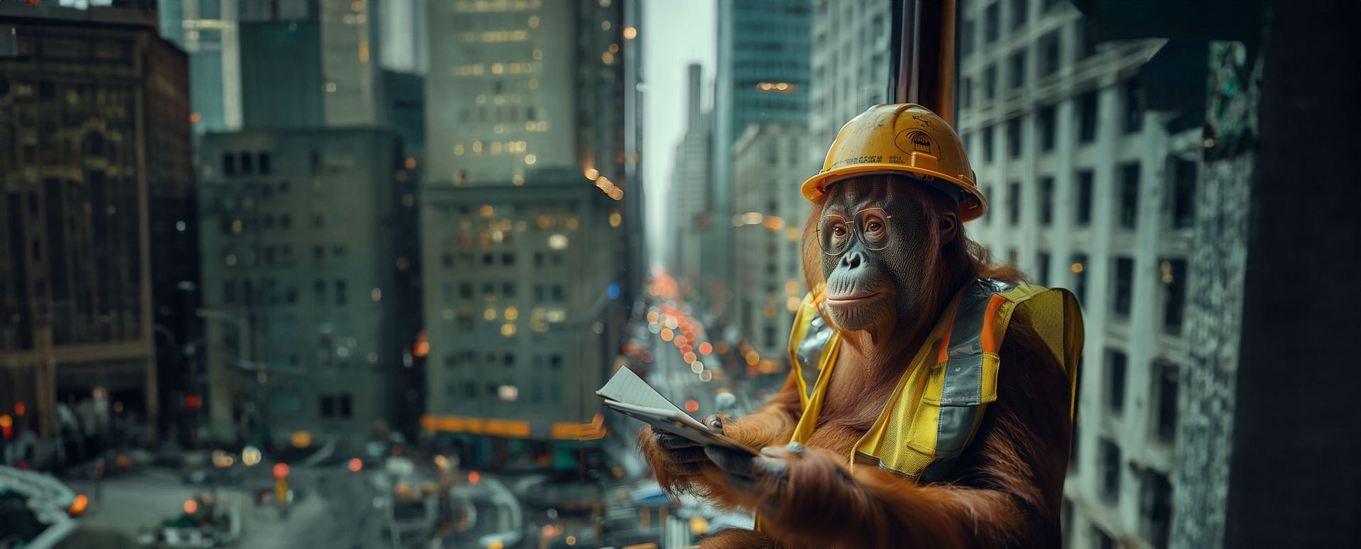 An orangutan wearing a construction hard hat and safety vest