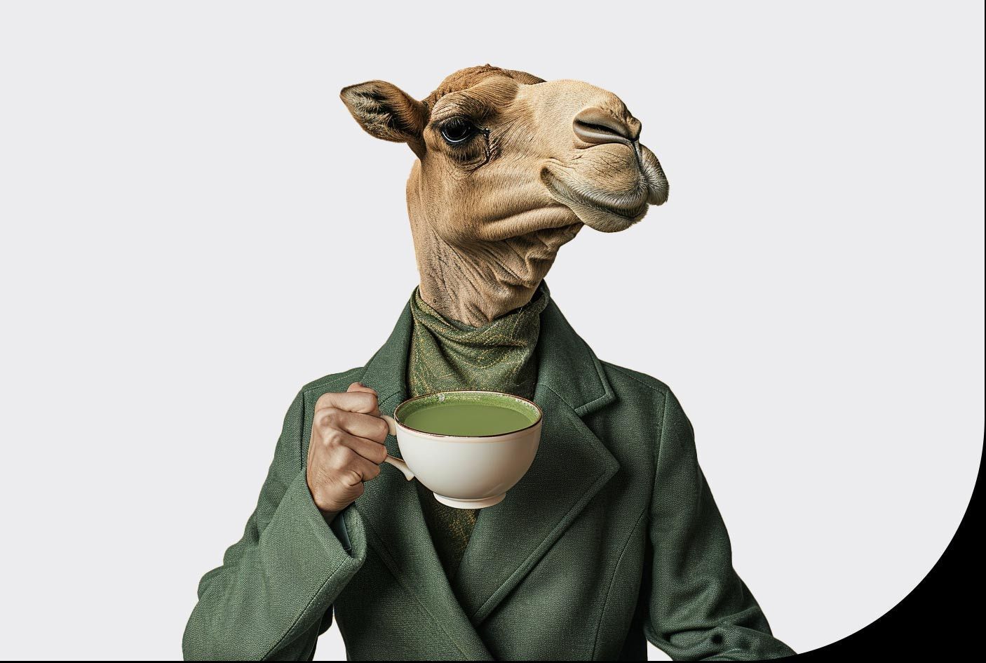 A man with a camel head is holding a cup of tea.