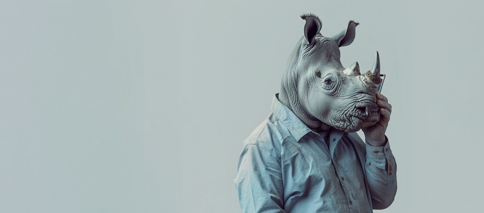 Personified Rhino in a blue shirt, holding a cup