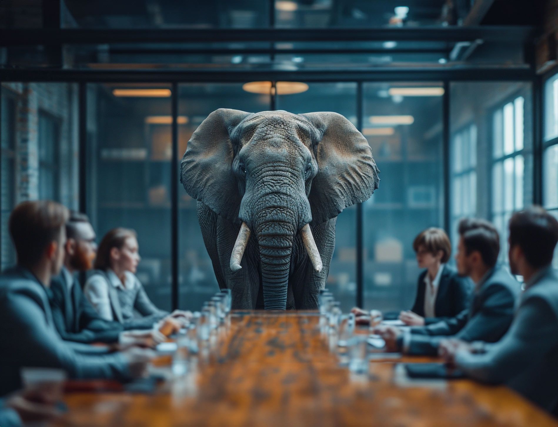 Elephant at the head of a conference table with people seated on both sides