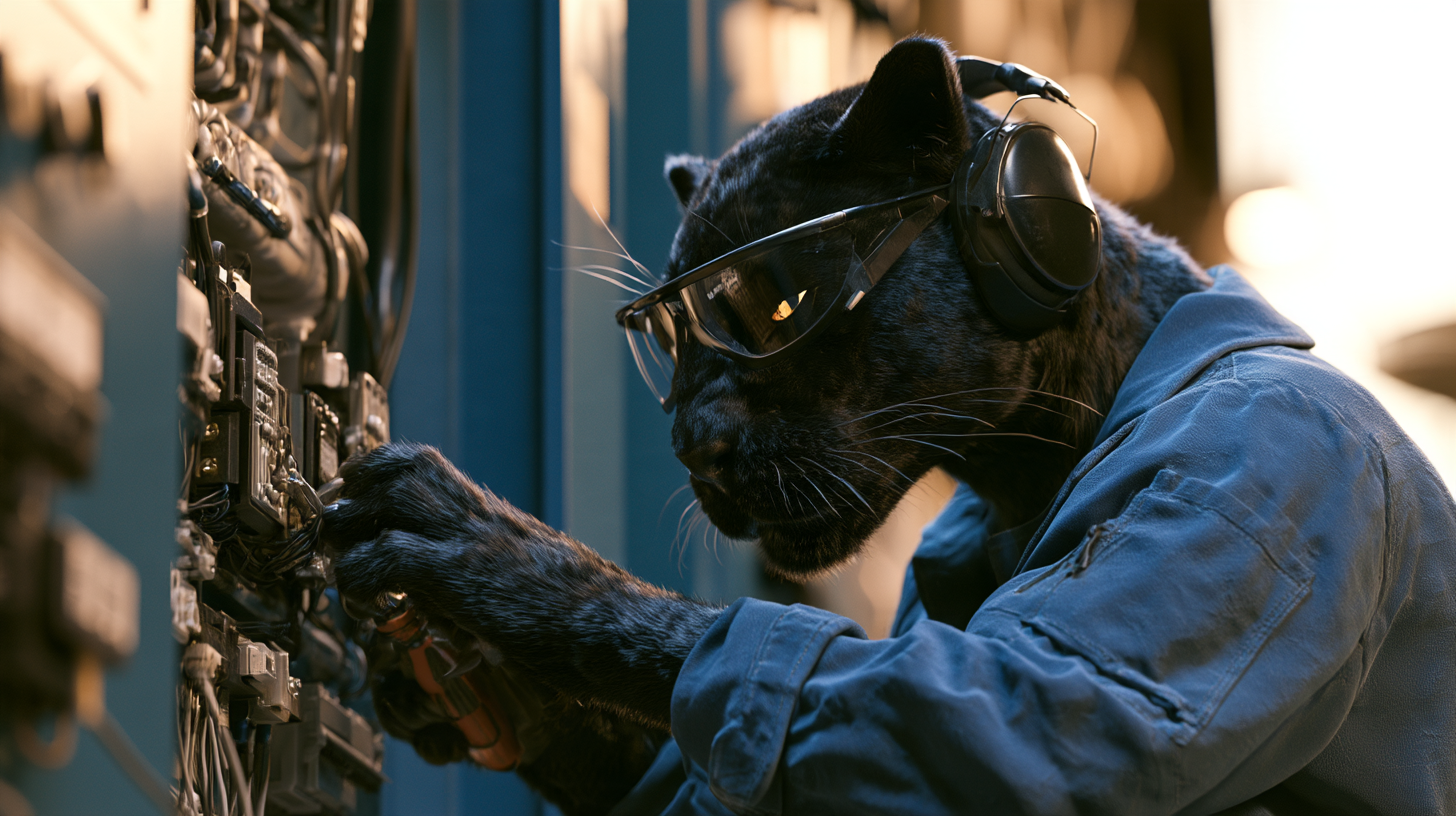 Engineer in a black welding helmet working on machinery indoors