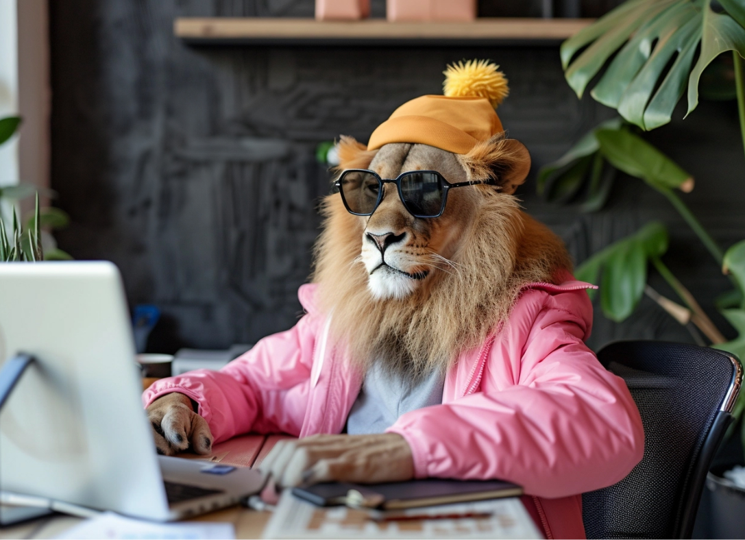 A lion wearing sunglasses and a hat is sitting in front of a computer.