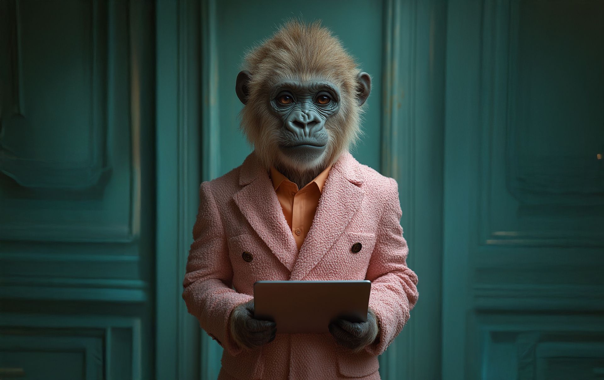 Monkey in pink blazer and orange shirt, holding a tablet