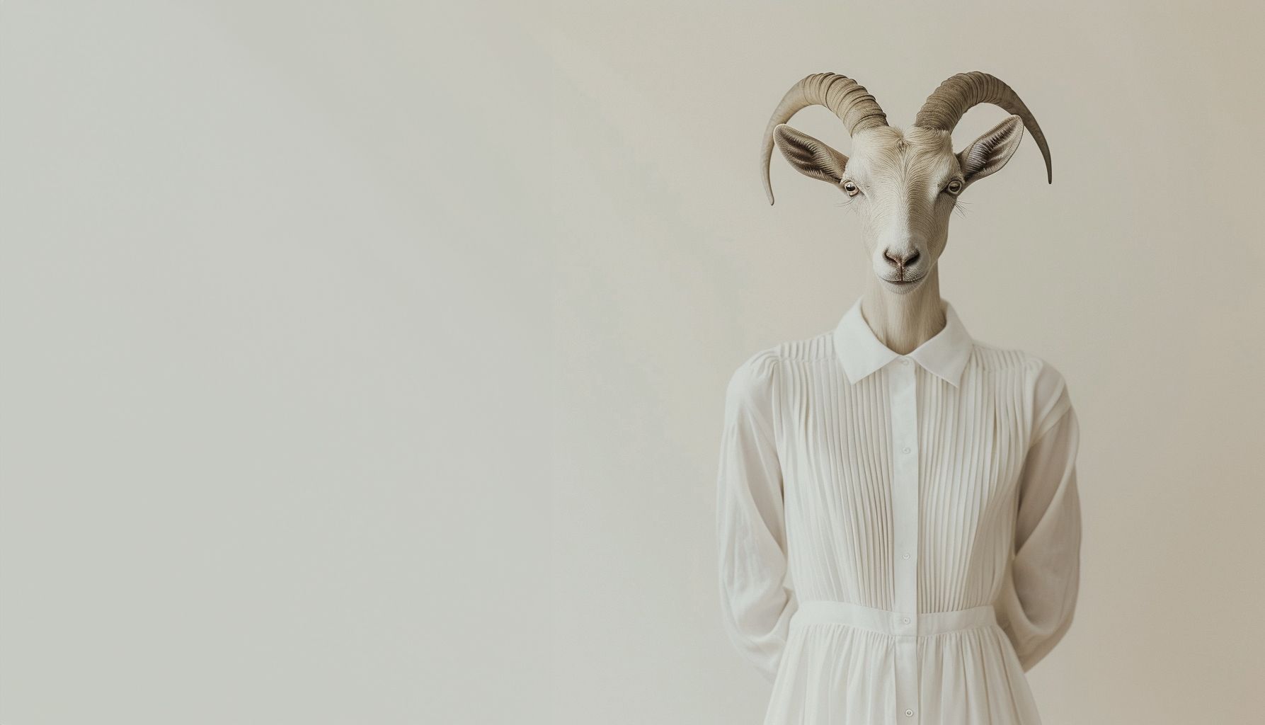 Goat-headed person in a white dress, hands behind back