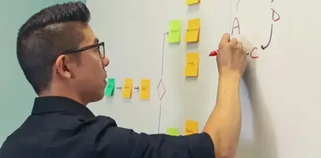 A person wearing glasses and a black shirt writes a PDCA process cycle on a white board next to a chart of sticky notes.