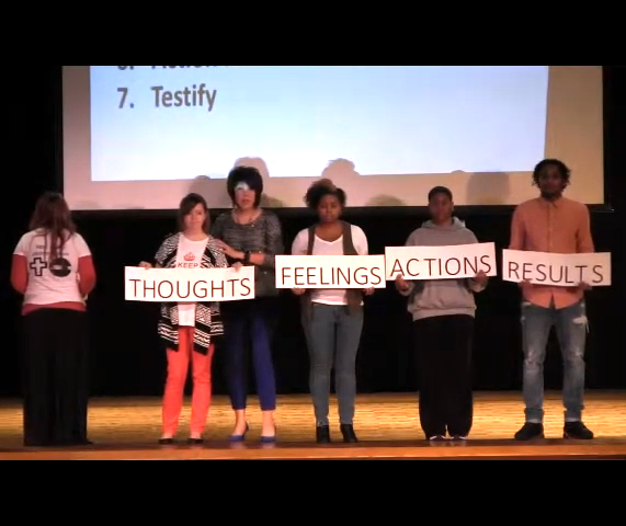 Six people on a stage hold signs reading “THOUGHTS,” “FEELINGS,” “ACTIONS,” and “RESULTS.”