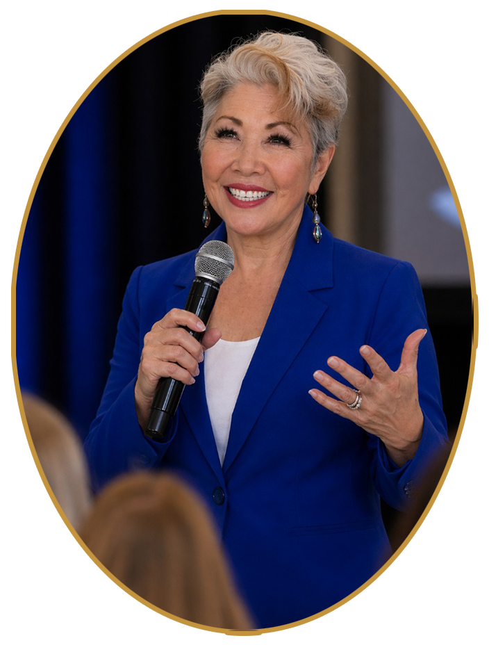 Woman in a blue blazer speaking into a microphone, smiling at an audience.