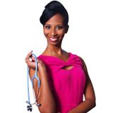 Smiling woman in a pink dress holding a stethoscope against a white background