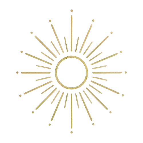 Gold sunburst with a central circle and radiating lines on a white background